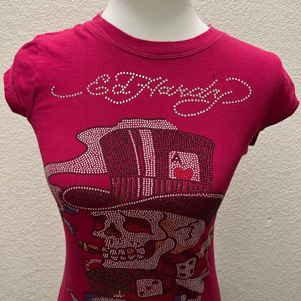 Ed Hardy Pink Magenta Skull Rhinestone Graphic Tee Y2K vintage - Picture 3 of 7